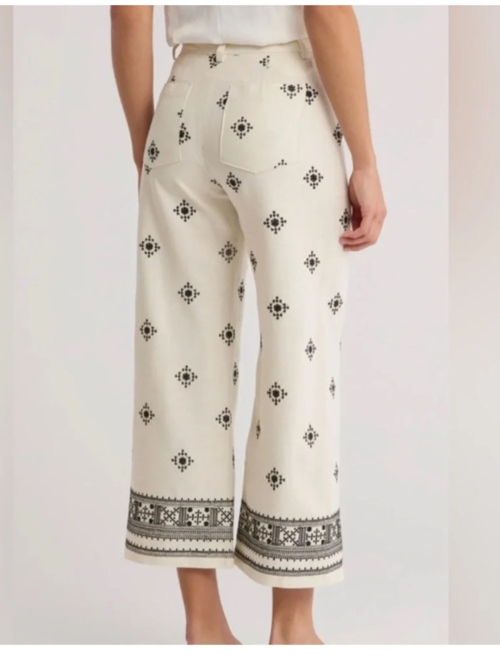 Elie Tahari Linen Blend Wide Leg Pants Women’s Cream Black Embroidered Size 4